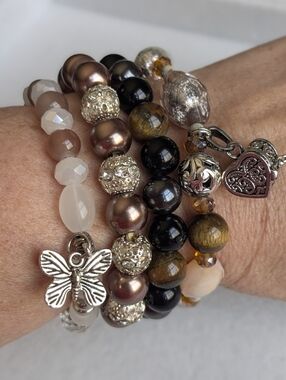 Boho Neutral Stretch Bracelet Stack | Charm, Tiger’s Eye, Glass Beads | Set of 4